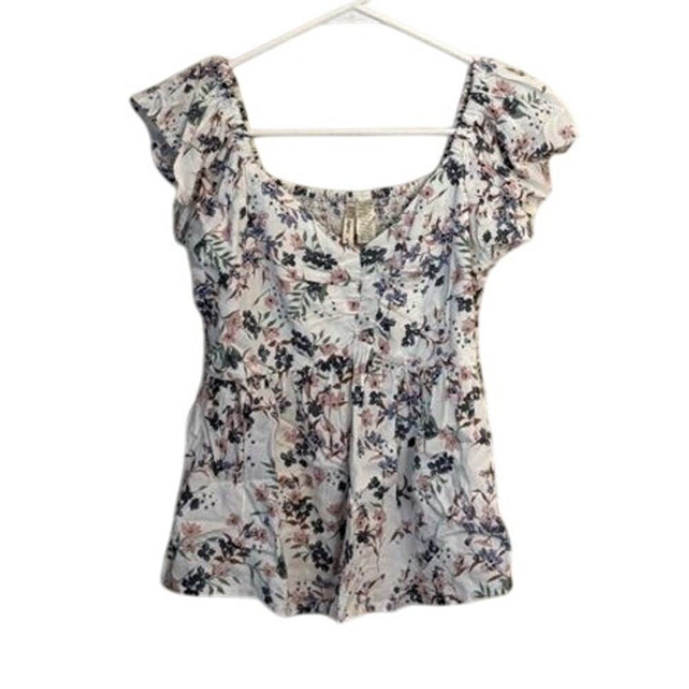 Japna V-Neck Floral Blouse Flutter Sleeve Smocked Back White Multi Size Small
